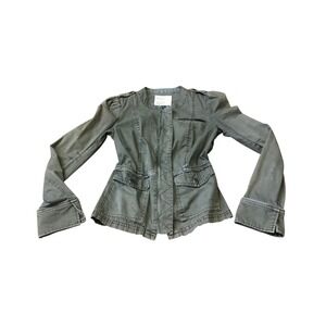 Free People Military Utility Jacket Khaki Green Band Collar Zipper Pocket Size 4